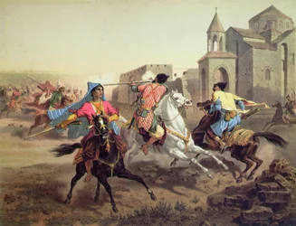 Træfning mellem persere og kurdere i Armenien, trykt af Alfred Leon Lemercier, Paris, ca. 1850-60 (farve litho)