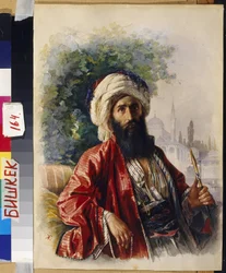 Emir. Portræt af en muslimsk religiøs leder, der ryger en narguile, foran en moske, under perioden med guerillakrig og modstand mod det russiske imperium i Nordkaukasus i midten af ​​det 19. århundrede. Værk af Grigori Grigorievich Gagarin (Gagarin) (1810