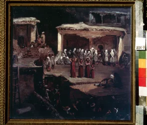 Begravelsesceremonien i Dagestan. Værk af Grigori Grigorievich Gagarin (1810-1893), olie på pap, russisk kunst fra det 19. århundrede.