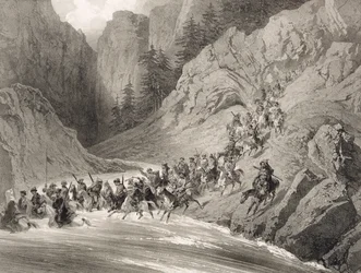 Tjerkessere på et togt nær Sortehavet, tavle 4, fra en bog om Kaukasus, graveret af Eugene Ciceri (1813-90) og Adolphe Jean-Baptiste Bayot (1810-66), udgivet af Alfred Leon Lemercier, P