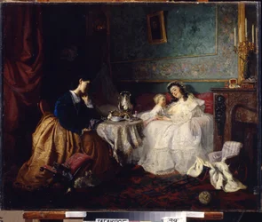 Det andet held (The Other Luck). Scene af familieliv, skildring af forhold og moderkærlighed. Maleri af Grigori (Grigoriy, Grigory) Grigoryevich Myasoyedov (Myasoedov, Miasoedov) (1834-1911), olie på lærred