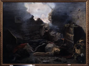 Belejringen af Sevastopol (Ukraine). Beskrivelse af grusomhederne under Krimkrigen (1853-1856), under belejringen af Sevastopol i 1854. Ligene af en kvinde og hendes barn ligger på gulvet i deres hus med den sønderrevne mur