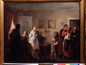 Tillykke til et nygift par i et palæ. (Tillykke til det nygifte par i en herregård). Maleri af Grigori (Grigoriy, Grigory) Grigoryevich Myasoyedov (Myasoedov, Miasoedov) (1834-1911), olie på lærred