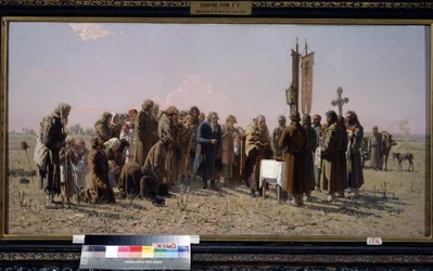 Russiske bønder og en ortodoks præst beder i tørketider. (Bøn under tørken). Maleri af Grigori (Grigoriy, Grigory) Grigoryevich Myasoyedov (Myasoedov, Miasoedov) (1834-1911)