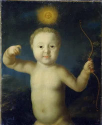 Portræt af Tsarevich Alexis Petrovich af Rusland (1690-1718). (Portræt af Tsarevich Alexei Petrovich af Rusland). Repræsenterer baby i Eros, nøgen med sin bue og overvundet af en sol midt om natten. Maleri af Grigori Dmitrievich Molchanov (ca. 1730-efter