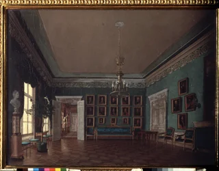 På værelset. Maleri af Grigori Karpovich Mikhaylov (1814-1867), olie på lærred. 1800-tallet russisk kunst. Statens Tretyakov-galleri, Moskva.