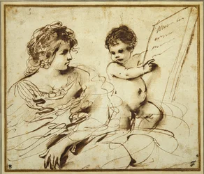 En siddende sibylle ledsaget af en putto, der holder en stor indskrevet tablet (pen og brunt blæk med vask på papir)