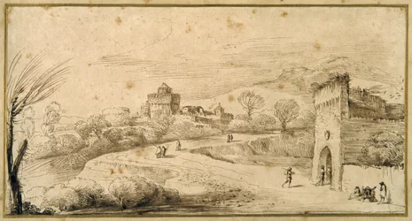 Landskab med et kreneleret porthus og en snoet vej (pen og blæk på papir)