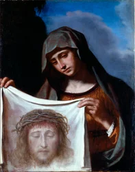 Sankt Veronica. Det hellige slør repræsenterer Kristi ansigt, hvis sved Veronique siges at have været svedig under opstigningen til Golgata. Maleri af Giovanni Francesco Barbieri Guerchin dit Il Guercino (1591-1666) gener fra det 17. århundrede, samling Ba