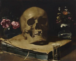 Guercino - Et vanitas-stilleben med et kranium oven på en bog, et timeglas og to glasvaser med blomster