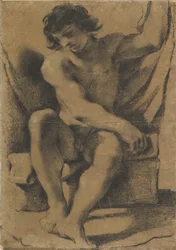 Siddende nøgen ung mand i næsten frontal visning, ca. 1618