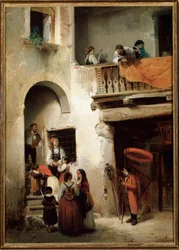 Ekstrem salv, en familie, der venter uden for en døende mands hus Maleri af Guglielmo Castoldi (1823-1882) 1858 Dim 89x64 cm Genes, Galleria d