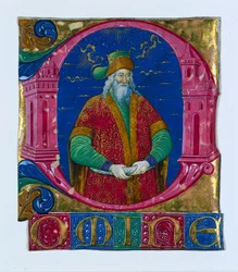 Indledende D[omine] fra en korbog: Kong Salomon, ca. 1470-1480.