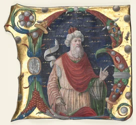 Indledende R fra en korbog med kong David, ca. 1470-1480.