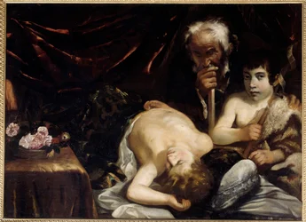 Det sovende barn Jesus med Johannes Døberen og Sankt Josef Maleri af Guido Cagnacci (1601-1681). 1630-1640. Størrelse 0,94x1,31 m Chantilly, Conde museum