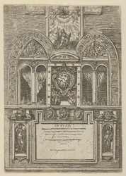 Facade af Palazzo del Senato i Bologna med de pavelige våben i centrum, med midlertidig ..., 1598.