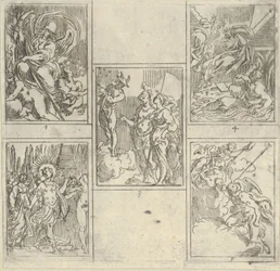 Fem nummererede scener, hver efter en maler i Accademia Degli Incamminati, fra IL FUME..., 1603.
