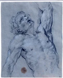 Halvfigur af nøgen mand, vender tilbage og foregiver at lide. Sort stentegning af Guido Reni kaldet Guiden (1573-1642). Søn 0,26x0,21 m Paris, museum du Louvre