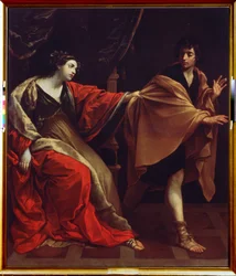 ""Joseph og Potifars kone"" (Joseph og Potifars kone) Josef flygter fra Potifars kone (Potifar) og prøver at forføre ham. Maleri af Guido Reni, kendt som Le Guide (1575-1642) 1626 Pushkin Museum, Moskva