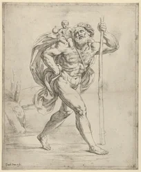 Sankt Christopher går med spædbarnet Kristus på sin højre skulder, ca. 1600-1640.