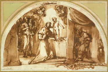 Saint Francis Adoring the Infant Christ (rødt kridt, pen og brunt blæk, brun vask)