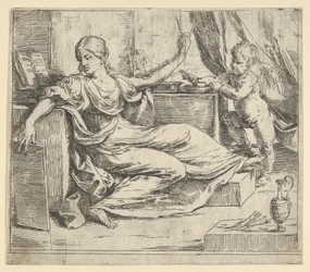 Siddende kvinde holder en tablet og kompas allegori om læring, en bevinget putto ..., ca. 1600-1640.