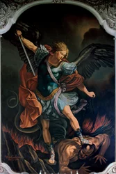 Ærkeenglen Sankt Michael, der besejrer dragen. Maleri af V. M. De Girolamo (20. århundrede) efter Guido Reni. 1957