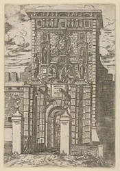 Porta Galliera, indgangsporten til Bologna og vindebroen med midlertidige dekorationer..., 1598.