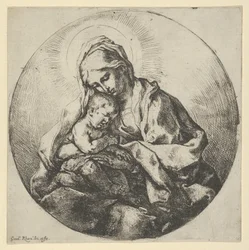 Jomfruen holder spædbarnet Kristus med fingrene på højre hånd skjult, en ..., ca 1600-1640.
