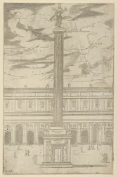 Triumfsøjle med berømt kvindeskikkelse, der holder en trompet øverst, en midlertidig dekoration..., 1598.