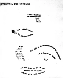 Calligram af Guillaume Apollinaire (1880-1918) skildrer et ansigt: "Smagens begivenhed""