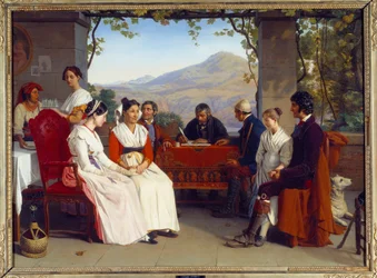 Italiensk Selskab: "" Ægteskabskontrakten i Italien i 1831"" Maleri af Guillaume Bodinier (1795-1872) 1831 Søn. 10x1,38 m