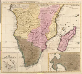 Kort over Meridional Afrika (Angola, Namibia, Zambia, Zimbabwe, Mozambique, Sydafrika) med øen Madagaskar (radering