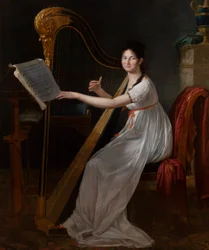 Portræt af Adèle Papin, der spiller harpe