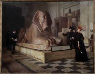 Egyptian Hall of the Louvre Besøgende foran Grand Sphinx. Maleri af Guillaume Larrue (1851-1935)