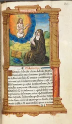 Trykt tidebog (brug af Rom): fol. 90r, Den hellige Birgitta i bøn før en tilsynekomst af Kristus