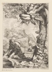 Allegorisk fremstilling af en anerkendt kvinde, der vander et kalabastræ; i baggrundsfigurerne bestiger et bjerg Titelside for: Giovanni Baptista Ferrari, Fasti Senenses, Ab Academia Intronatorum Editi, 1661