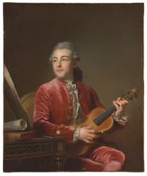 Portræt af en gentleman, halvlang, siddende i en rød fløjlsjakke med en violin (olie på lærred)