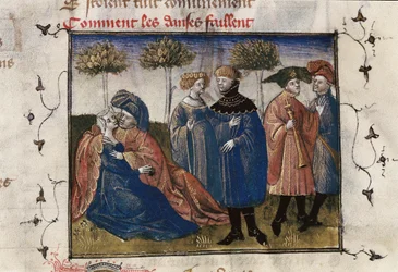 En galant scene af hoffolk, miniature i "Roman de la Rose" af Guillaume Lorris