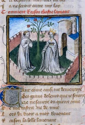 Repræsentation af et par elskere nær en rose, miniature i "Roman de la Rose"