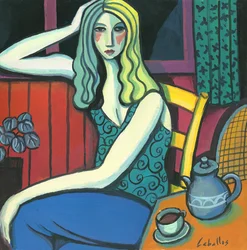 Pige drikker te, 2008 (gouache på papir)