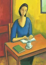 Pige med bøger og kaffe, 2010 (gouache på papir)