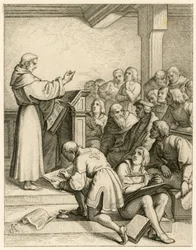 Martin Luther holder forelæsninger på universitetet Wittenberg, foran ham vicekansleren Dr. Pollich og hans faderlige ven Johann von Staupitz (1460-1524)