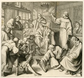 Martin Luther i diskussion med Dr. Johannes Eck (Johann Maier von Eck) (1486-1543), på Luthers side er der Philipp Melanchthon (1497-1560) og Karlstadt (Andreas Rudolf Bodenstein von Karlstadt