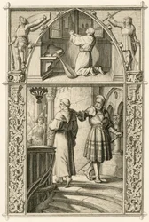 Martin Luther forbereder sig ved en bøn til mødet med kejseren (billedet ovenfor) ; hovedbillede : Luther møder ridderen George (Georg) von Frundsberg (Jorg von Fronsberg, Freundsbergin