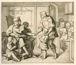 Martin Luthers indskrivning på skolen i Mansfield, i denne illustration sammen med sin far Hans