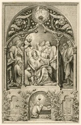 Martin Luthers død, Luthers to sønner knæler foran sin far, Dr. Justus Jonas siger de sidste ord, bag dem beder Michael Coelius, Johannes Aurifaber med en kandelaber, lægen Simon Wild med medicin og til højre grev Albr.