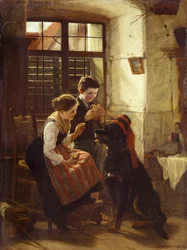 Det tålmodige kæledyr. To børn har givet deres hund (et husdyr) en hat på og giver den noget brød at spise. Maleri af Gustav Igler (1842-1908)