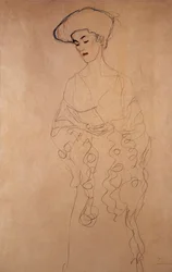 "Mit leichter wendung nach links" (Legerement tourne vers la gauche). Dessin af Gustave Klimt (1862-1918). Farveblyanter. Collection privee