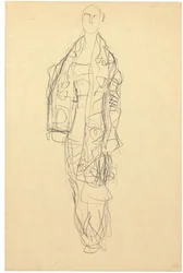 Stående dame med kappe, ca. 1914-16 (blyant på papir)